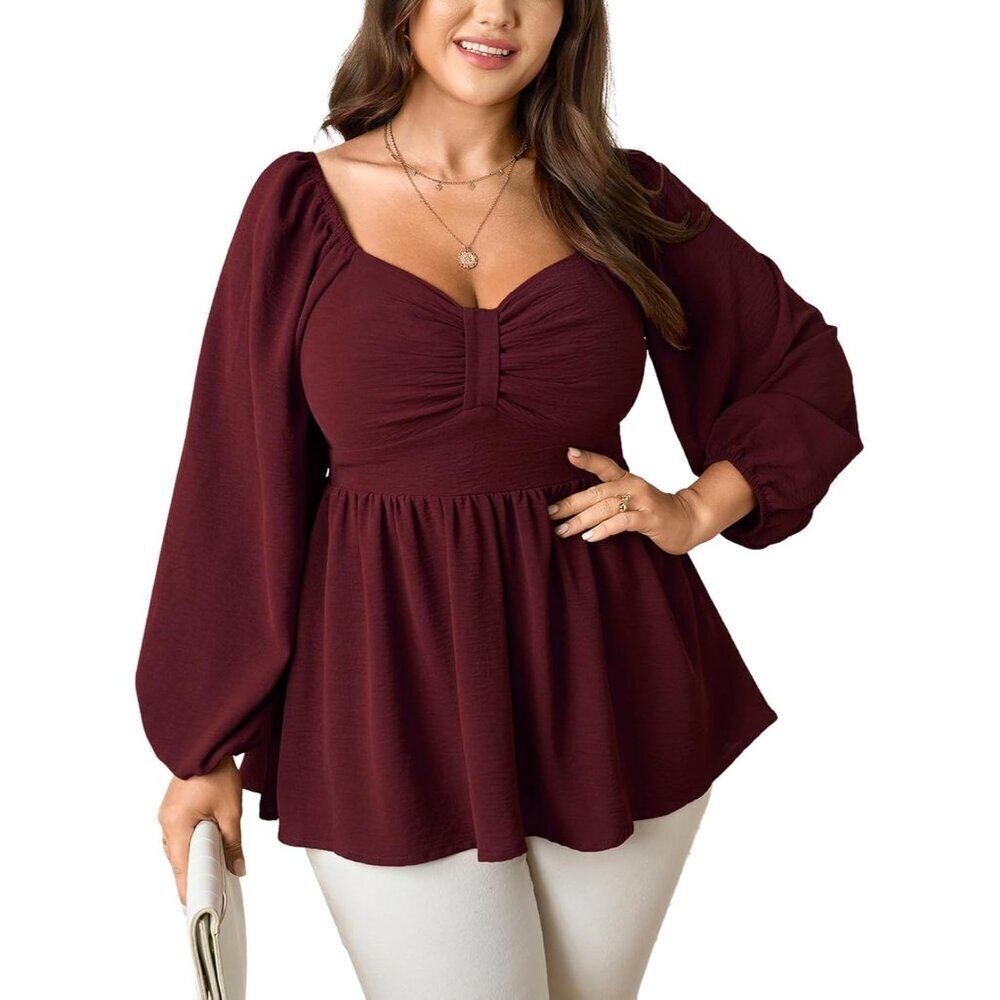 Plus Size Blouses Long Sleeve Ruffled Peplum Sweetheart Neck Casual Tops